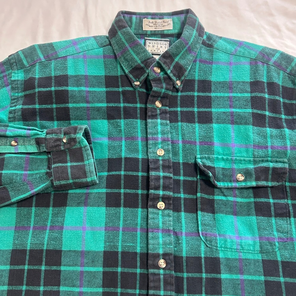 Windsor Shirt Company Mens Green Black Plaid Double Brushed Flannel Shirt L
